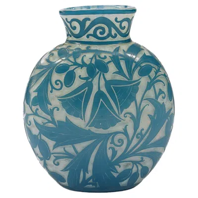 Pre-owned Daum Art Deco Etched Glass Vase 'fleurs Stysees' By , France, 1920 In Blue