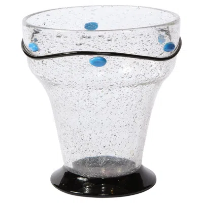 Pre-owned Daum Art Deco Handblown Vase W/ Blue Ovoid & Black Curvilinear Detailing Signed