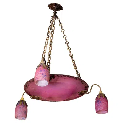 Pre-owned Daum Art Deco Pink Glass Pendant Lamp Chandelier, 20th Century