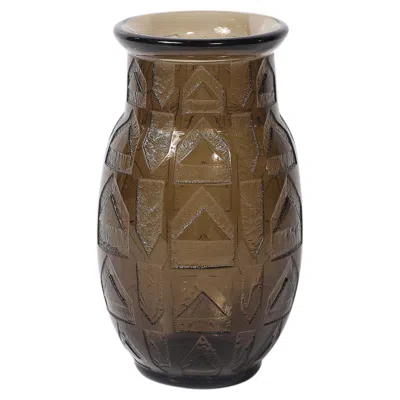 Pre-owned Daum Art Deco Signed  Acid-etched Smoked Glass Vase W/ Geometric Motif In Brown