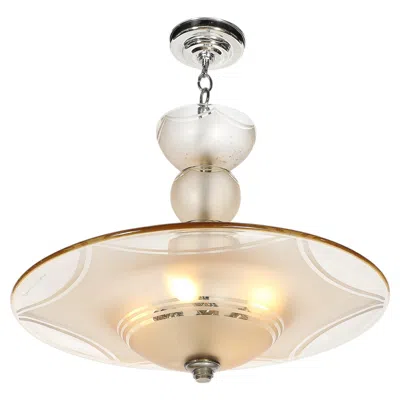 Pre-owned Daum Art Deco Signed  Frosted Rose-hue Saucer-form Pendant Chandelier In Beige