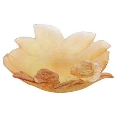 Pre-owned Daum Art Glass Decorative Plate With Amber Roses, France In Brown
