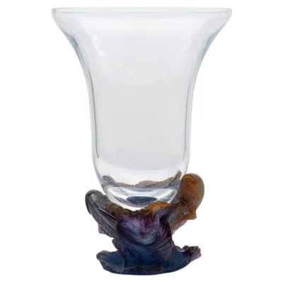 Pre-owned Daum Art Glass Fishes Vase Multicolor, Violet Orange, France In Purple