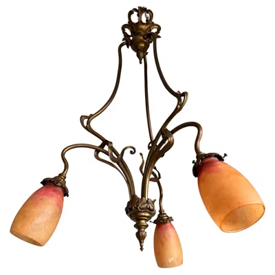 Pre-owned Daum Art Nouveau Bronze Three-light Chandelier With Signed  Nancy Glass Shades In Gold