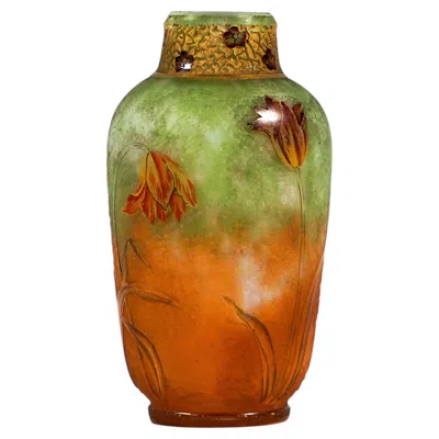 Pre-owned Daum Art Nouveau Cameo Vase, Tulipes, With Gilding,  Nancy, France, Circa 1900 In Brown