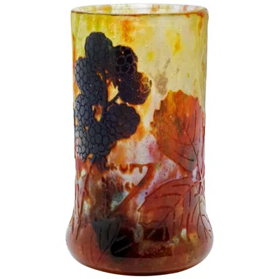 Pre-owned Daum Art Nouveau Cameo Vase With Blackberry Decor,  Nancy, France, 1900-1905 In Brown