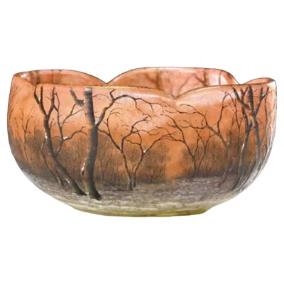 Pre-owned Daum Art Nouveau  Nancy Cameo Glass Bowl, 'paysage De Verre' - Winter Landscape In Brown