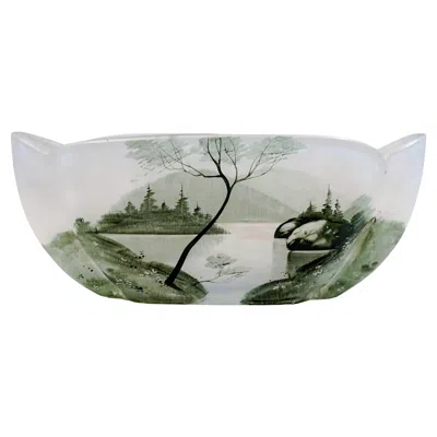 Pre-owned Daum Art Nouveau Oval Glass Bowl With Painted Seescape,  Nancy, France, Ca 1900 In Gray