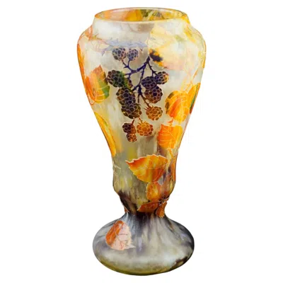 Pre-owned Daum Cameo And Vitrified Glass Powder Blackberries Vase In Beige