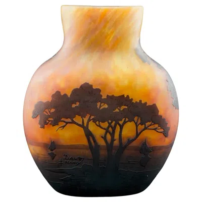 Pre-owned Daum Cameo Glass Landscape Bottle Shaped Vase In Orange