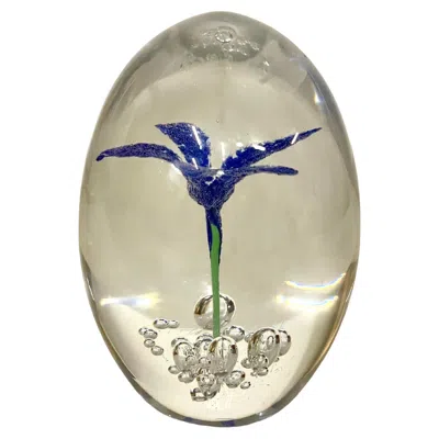 Pre-owned Daum Crystal Sulphide Paperweight, Blue Flower Design, France, 1970s