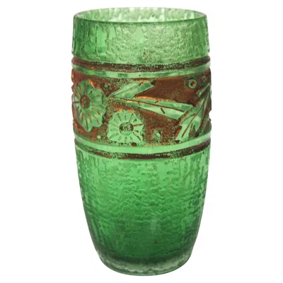 Pre-owned Daum Deeply Acid Cut Back Art Deco Green Glass Barrel Vase -french C1920