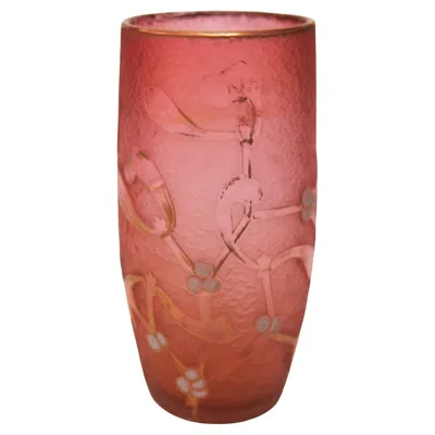 Pre-owned Daum Enamel And Acid Cutback Glass Vase Depicting Mistletoe -french C1900 In Pink