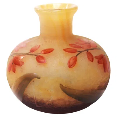 Pre-owned Daum Enamel And Cameo Glass Spring Botanical Vase -french C1900 In Brown
