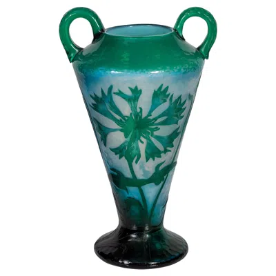 Pre-owned Daum Fine  Nancy Martele Cameo Glass Two-handled Vase, From The Pinhas Collection In Blue