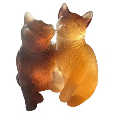 Pre-owned Daum France, Cats, Kittens, Playing In Glass/crystal/pate De Verre, Signed In Brown