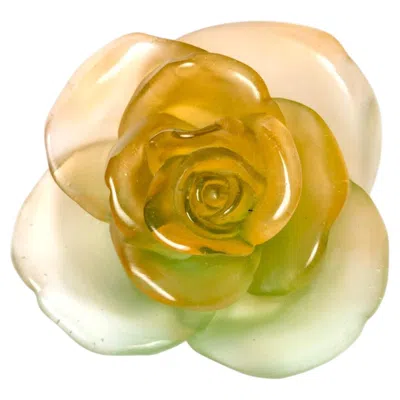 Pre-owned Daum France - Paperweight Decorative Flower Rose Passion Orange & Green Crystal In Red