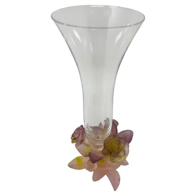 Pre-owned Daum France Soliflore Roses Crystal Vase With Pate De Verre Floral Base Signed In Clear