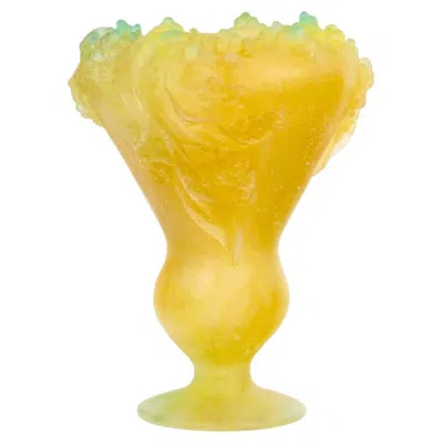 Pre-owned Daum France, Vase Mimosa Yellow And Green Glass Pate De Verre - 30 Cm