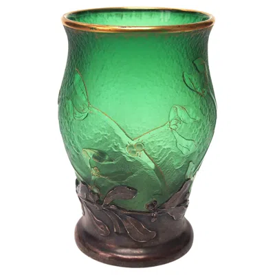 Pre-owned Daum French  Art Nouveau Green Glass & Silver Acid Cut Back Vase Signed C1898