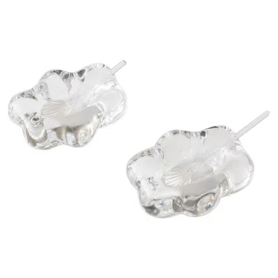 Pre-owned Daum French  Crystal Fleur Salt Cellars With Shell Spoons, Signed In Gray
