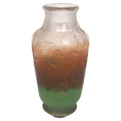 Pre-owned Daum French  Signed Art Nouveau Butterfly Acid Cut Glass Back Vase, Circa 1900 In Brown