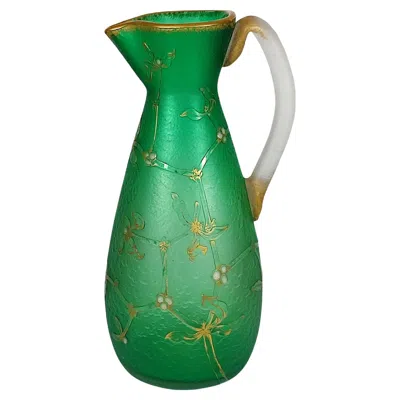 Pre-owned Daum Frères Art Nouveau Etched And Enamel Glass Pitcher, Mistletoe Design 25.4cm In Green
