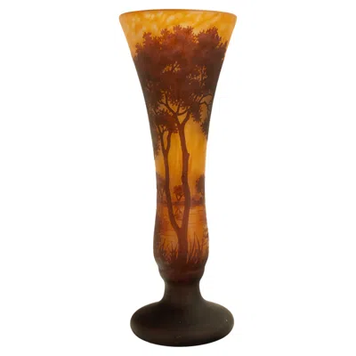 Pre-owned Daum Large Antique French Art Nouveau  Nancy Cameo Tree Landscape Glass Vase 1900 In Brown