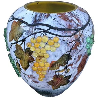 Pre-owned Daum Large Art Glass Vase With Applied Grapes, After  Nancy In Purple
