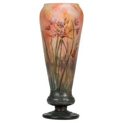 Pre-owned Daum Large Art Nouveau Agapanthus Cameo Acid Etched Art Glass Vase In Brown