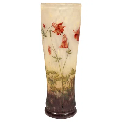 Pre-owned Daum Large Art Nouveau Cameo Vase With Columbine Decor,  Nancy, France, Ca 1910 In Sand