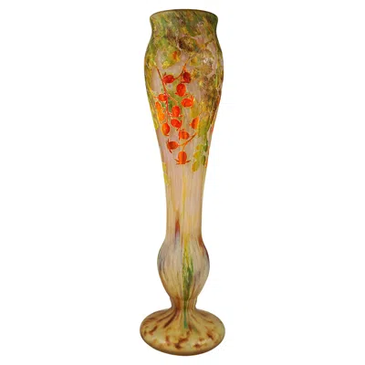 Pre-owned Daum Large Art Nouveau Cameo Vase With Rosehip Decor,  Nancy, France, Circa 1910 In Brown