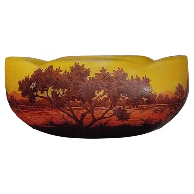 Pre-owned Daum Large Art Nouveau  Nancy Cameo Bowl, 'paysage De Verre' - Lake Landscape In Brown