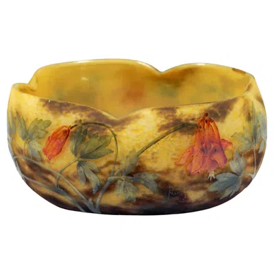 Pre-owned Daum Large Art Nouveau Flower Bowl With Columbine Decor,  Nancy, France, Ca 1910 In Brown