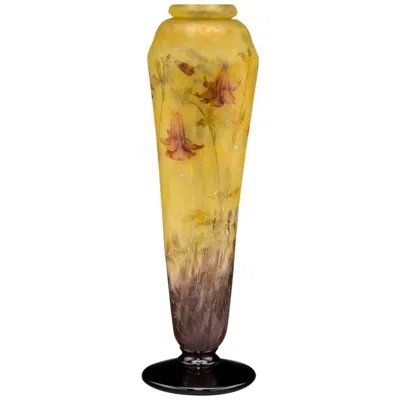 Pre-owned Daum Monumental 19”  Nancy Enameled And Etched Columbine Flower Vase In Brown
