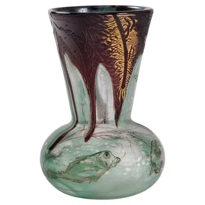 Pre-owned Daum Nancy "algues Et Poissons" Enamel And Cameo Glass Vase In Clear