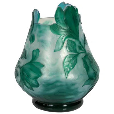Pre-owned Daum Nancy And Louis-antoine Damon Wheel-carved Glass Vase In Blue