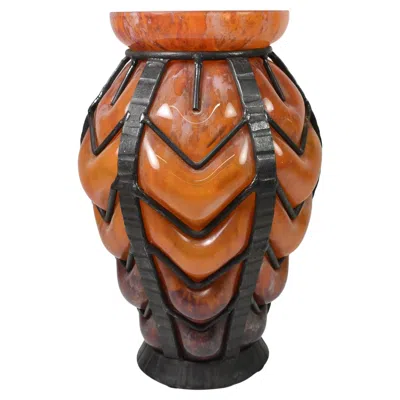 Pre-owned Daum Nancy And Majorelle Art Deco Blow Out Vase With Steel Frame In Brown
