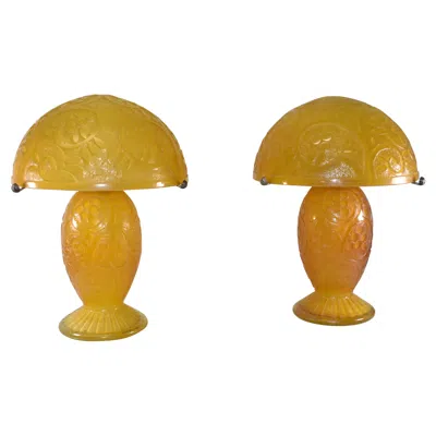 Pre-owned Daum Nancy Art Deco Cameo Cut Glass Lamps In Orange