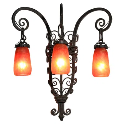Pre-owned Daum Nancy Art Deco Sconce 3 Tulips In Orange Glass
