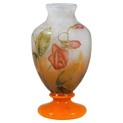Pre-owned Daum Nancy Art Nouveau Cameo Vase Glass With Sweat Pea Decor, France, Ca 1910 In Brown