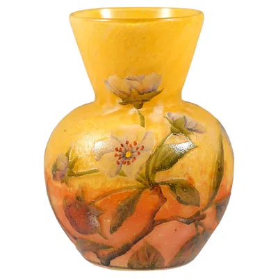 Pre-owned Daum Nancy Art Nouveau Cameo Vase With Strawberry Blossoms Decor France Ca 1910 In Orange