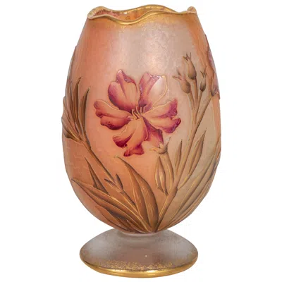 Pre-owned Daum Nancy Cameo And Enamel Glass Vase In Brown