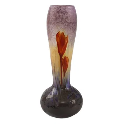 Pre-owned Daum Nancy Cameo And Martelé Glass "crocus" Vase In Brown