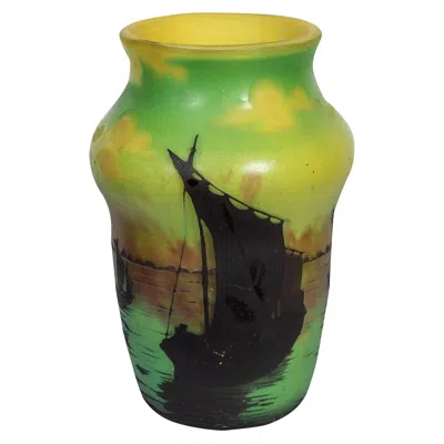 Pre-owned Daum Nancy Cameo Glass Vase, Decorated With Ancient Chinese Sailing Ships In Brown