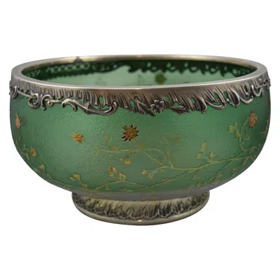 Pre-owned Daum Nancy Cameo Green Glass And Sterling Overlay Mounted Bowl Thistle Design