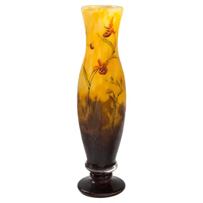 Pre-owned Daum Nancy Enameled And Etched Orchid Landscape Glass Vase In Purple