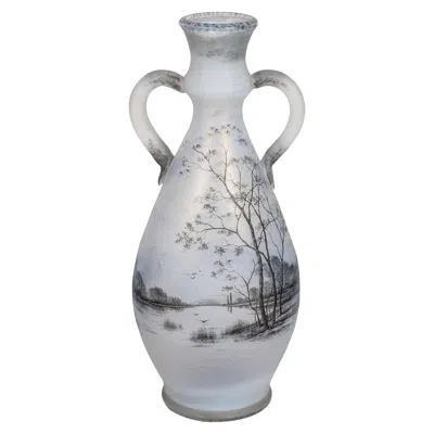 Pre-owned Daum Nancy Enameled Opalescent Glass Two-handled "dutch Landscape" Vase In Transparent
