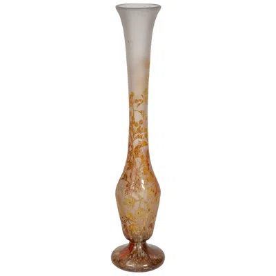 Pre-owned Daum Nancy Enamelled And Acid Etched Glass Vase, "flowers And Berries" France In Brown