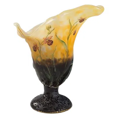 Pre-owned Daum Nancy "fleurs Et Abeilles" Enameled And Etched Glass Vase In Sand